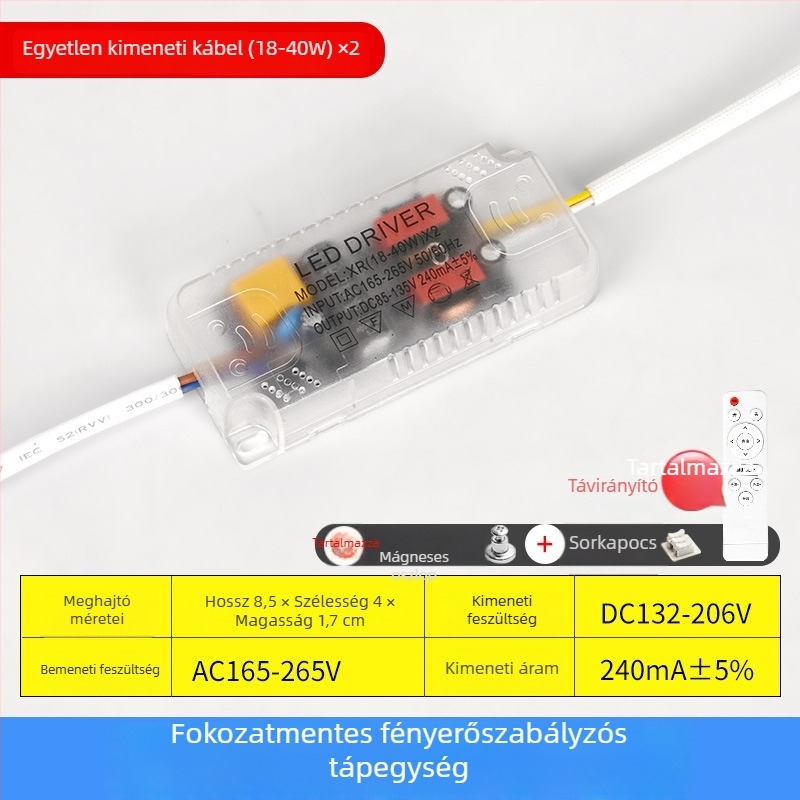 LED mennyezeti lámpa tápegység lépcsőzetes fényerő-szabályozással, távirányítóval, állandó áramú forrással, egyenirányítóval és háromszínű szegmentált ballasttal