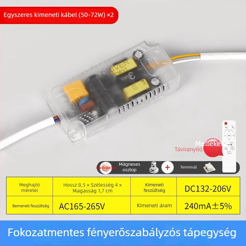LED mennyezeti lámpa tápegység lépcsőzetes fényerő-szabályozással, távirányítóval, állandó áramú forrással, egyenirányítóval és háromszínű szegmentált ballasttal