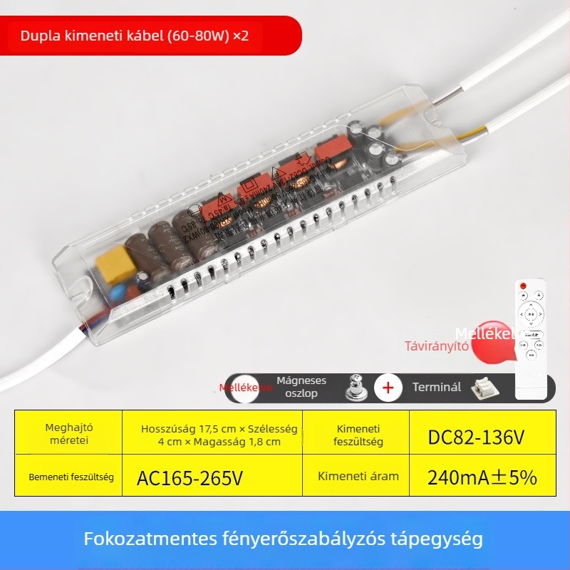 LED mennyezeti lámpa tápegység lépcsőzetes fényerő-szabályozással, távirányítóval, állandó áramú forrással, egyenirányítóval és háromszínű szegmentált ballasttal