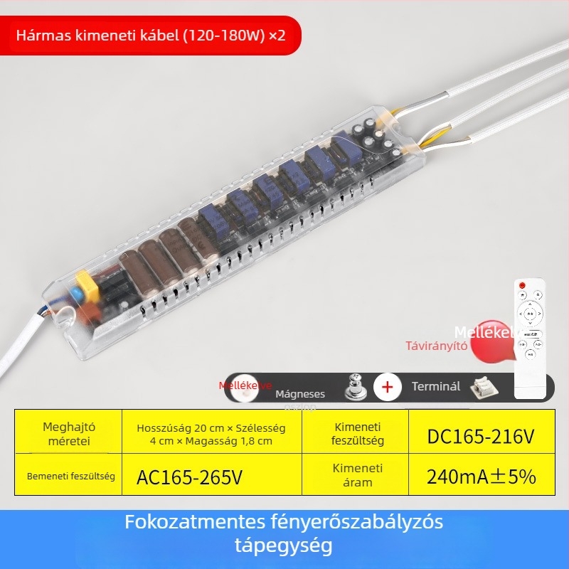 LED mennyezeti lámpa tápegység lépcsőzetes fényerő-szabályozással, távirányítóval, állandó áramú forrással, egyenirányítóval és háromszínű szegmentált ballasttal