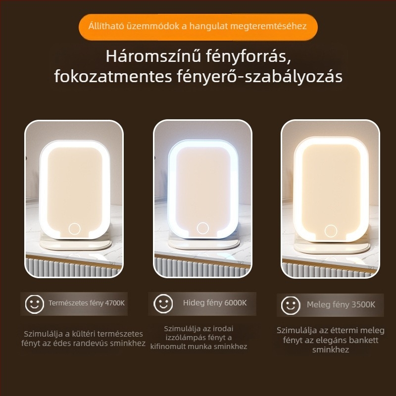 LED sminktükör világítással, összecsukható asztali tükör, hordozható kozmetikai tükör