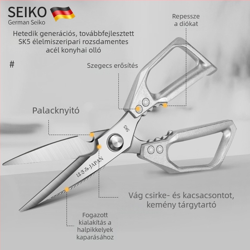 SK5 rozsdamentes acél konyhai olló, negyedik generációs, többfunkciós, a halakhoz, a csirke lábához és a csontokhoz