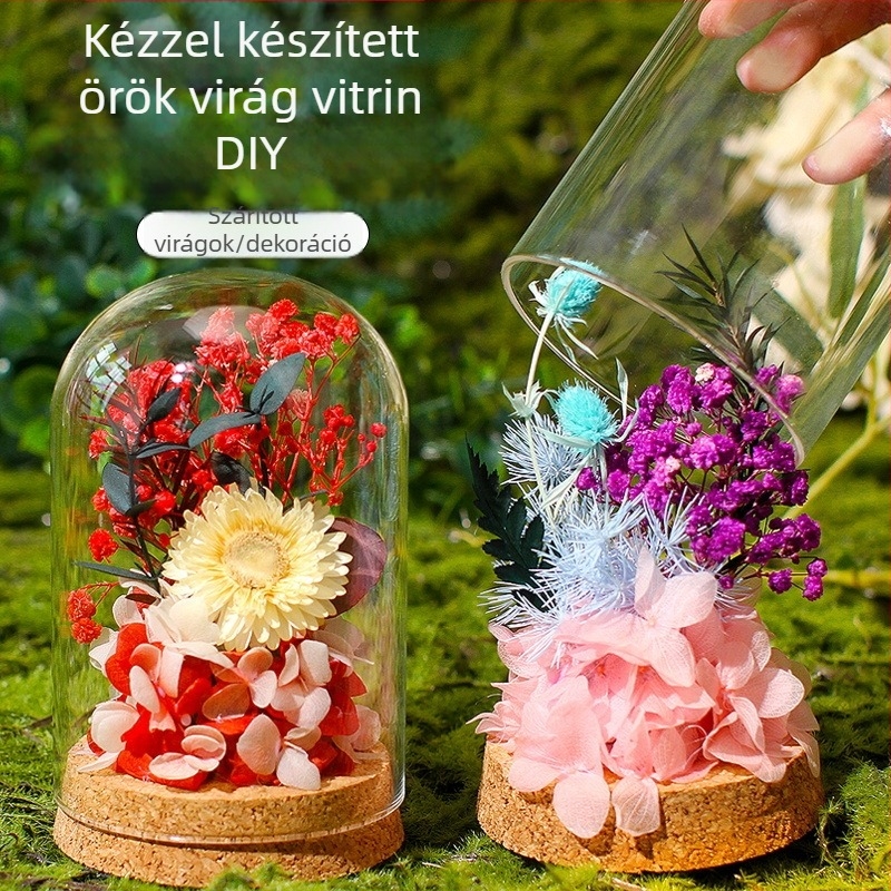 DIY készlet üvegkupola alatti örökvirágos dekorációhoz — szárított virágokkal, Anyák napjára ajándék