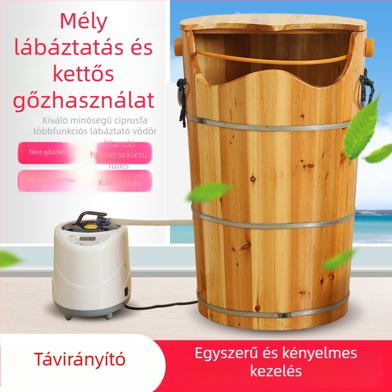 Otthoni használatra készült, fából készült lábfürdő gőzzel, állítható hőmérséklettel, mély, a vádlitól térdig érő