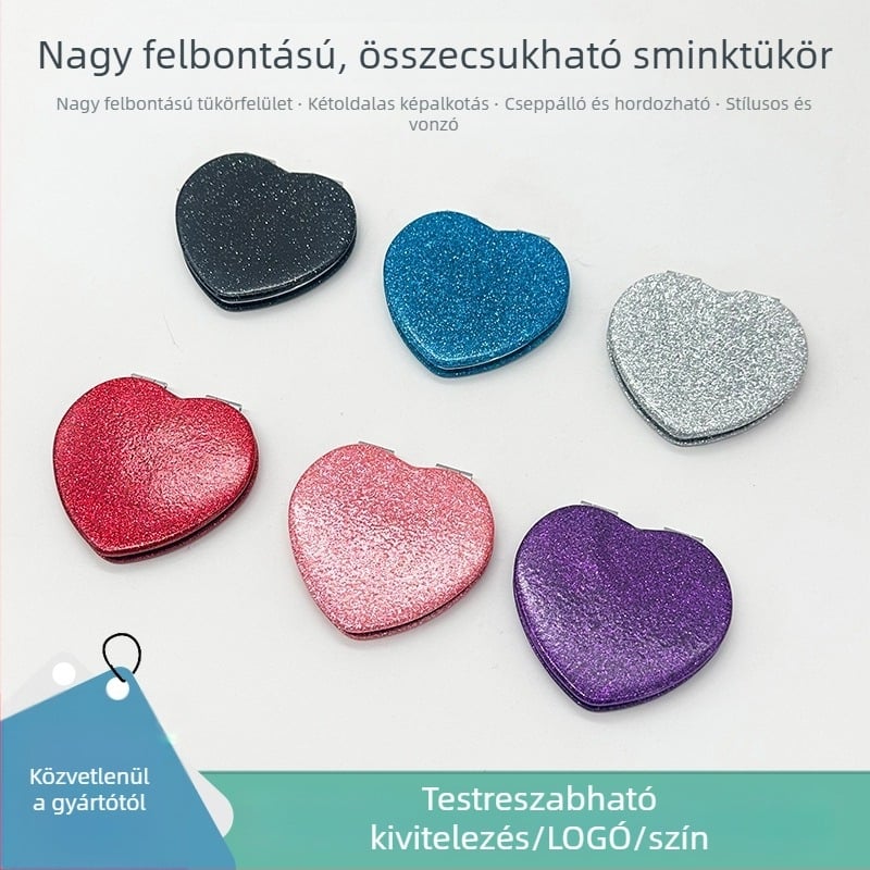 Szív alakú hajtogatható sminktükör – kétoldalas, hordozható, kompakt sminktükör, testreszabható