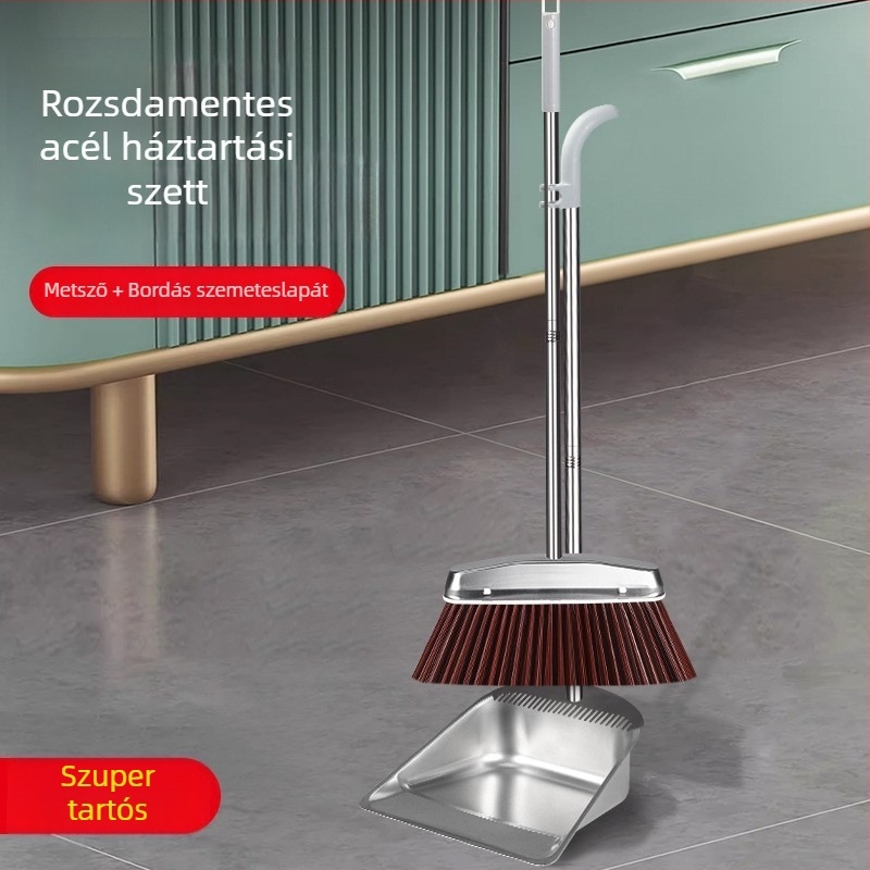 Rozsdamentes acélból készült háztartási seprű és portörlőlapát készlet, két darabos