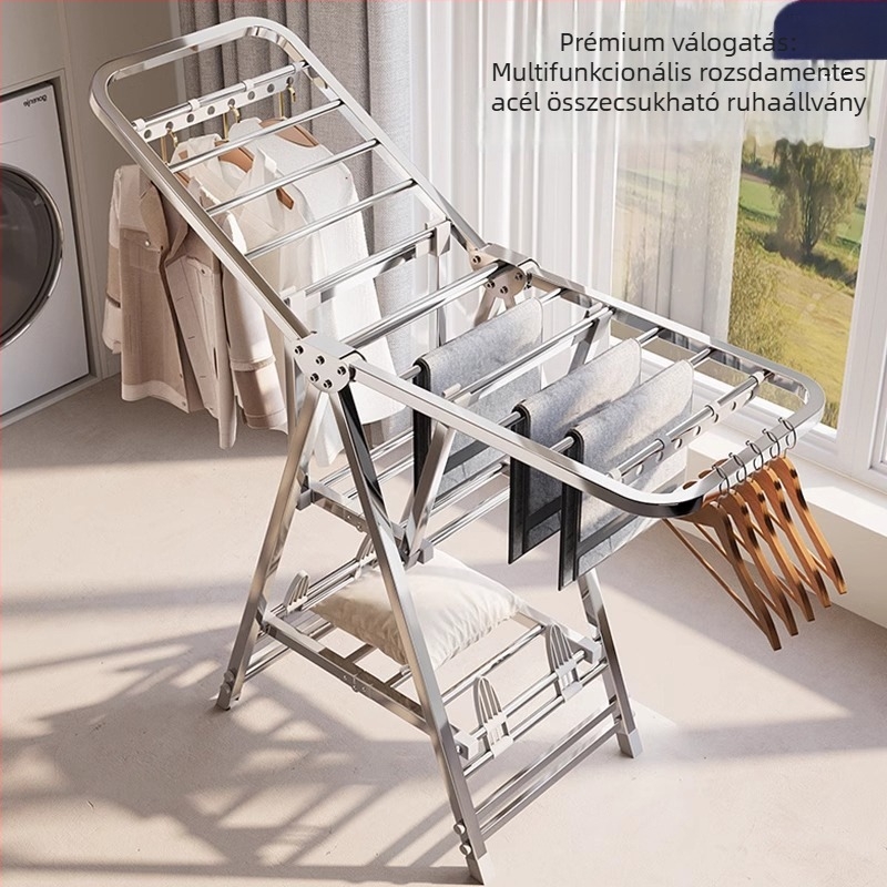 Rozsdamentes acélból készült szabadon álló ruhaszárító, összecsukható, telepítés nélkül, erkélyhez ideális, szárny alakú design, ruhák és dunyhák szárítására