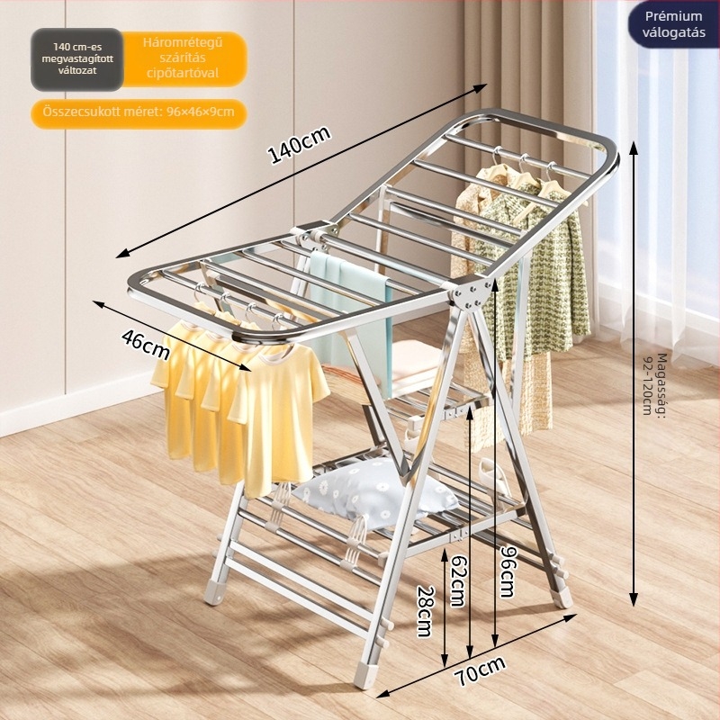 Rozsdamentes acélból készült szabadon álló ruhaszárító, összecsukható, telepítés nélkül, erkélyhez ideális, szárny alakú design, ruhák és dunyhák szárítására