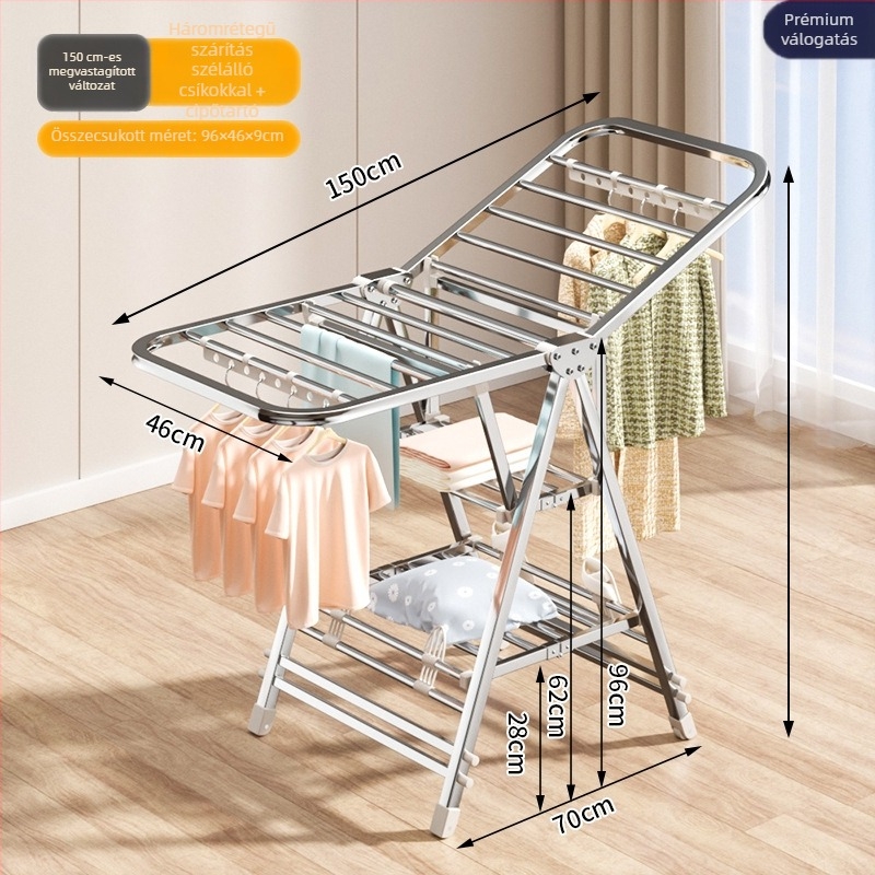 Rozsdamentes acélból készült szabadon álló ruhaszárító, összecsukható, telepítés nélkül, erkélyhez ideális, szárny alakú design, ruhák és dunyhák szárítására