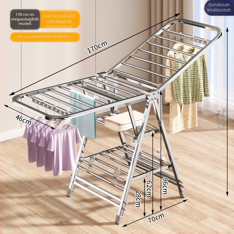 Rozsdamentes acélból készült szabadon álló ruhaszárító, összecsukható, telepítés nélkül, erkélyhez ideális, szárny alakú design, ruhák és dunyhák szárítására