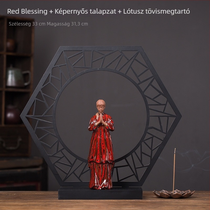 Kínai stílusú kerámiafigur, jóga pózban, zen ihletésű dekoráció otthonhoz és akváriumhoz