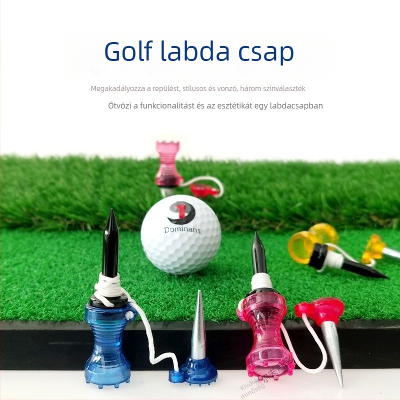Golf tee levegőlabdához, ellenállás nélküli kialakítás, tartó a labdához és szeg, fém-plasztik kivitel, két méret, három szín