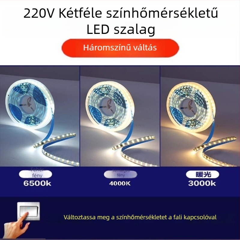 220V-os háromszínű LED-szalag csupasz panelra ragasztva, meghajtó nélkül, beltéri hangulatos világítás