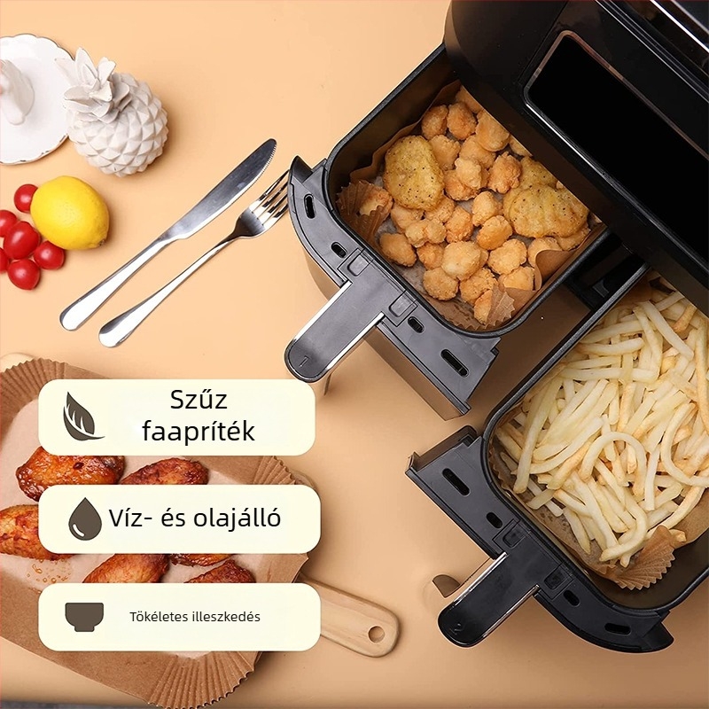 Négyszögletes sütőpapír légsütőhöz, nagy vastagságú, 20 cm, szilikon bevonatú sütőpapír, élelmiszer-minőség, tapadásmentes
