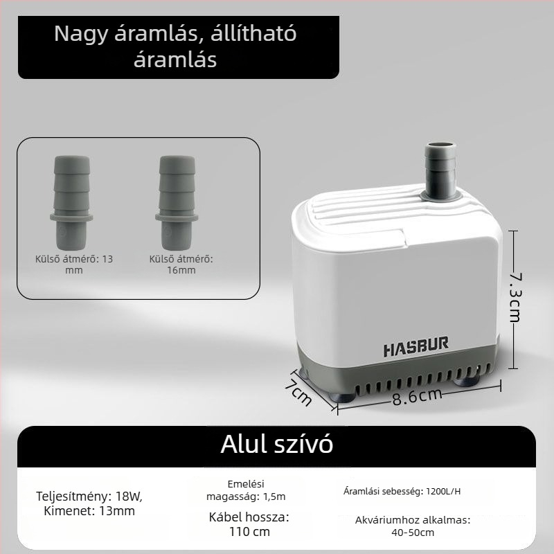 Akvarisztikai merülő pumpa alsó szívóval, nagy áramlású, szűrés és keringés, csendes vízcsere pumpa