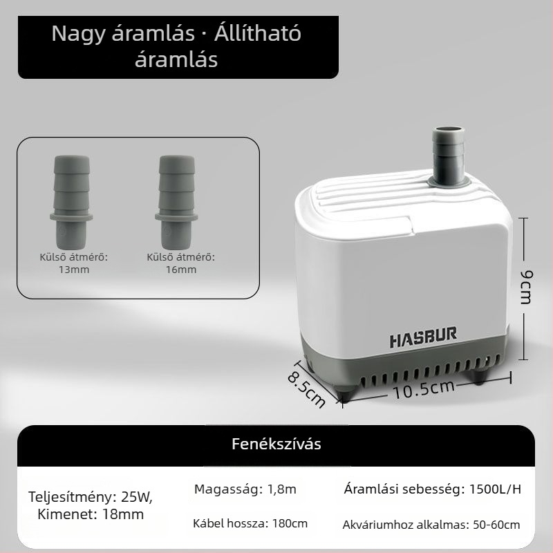 Akvarisztikai merülő pumpa alsó szívóval, nagy áramlású, szűrés és keringés, csendes vízcsere pumpa