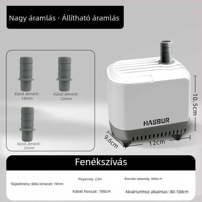 Akvarisztikai merülő pumpa alsó szívóval, nagy áramlású, szűrés és keringés, csendes vízcsere pumpa
