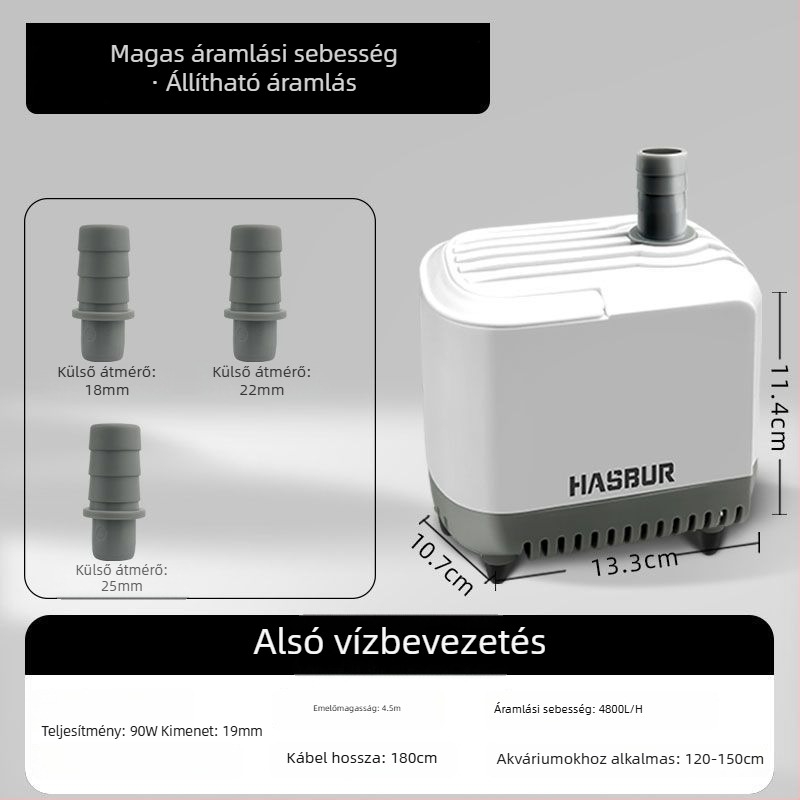 Akvarisztikai merülő pumpa alsó szívóval, nagy áramlású, szűrés és keringés, csendes vízcsere pumpa