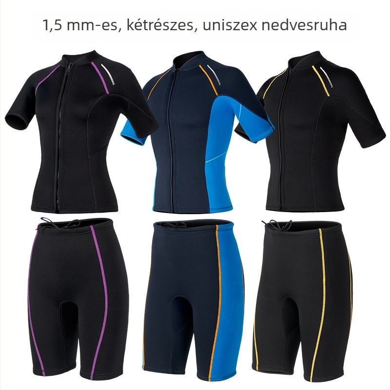 1,5 mm-es két részes búvárruha – rövid ujjú felső és rövidnadrág, meleg neopren búvárkodáshoz, snorkelinghez és szörfözéshez