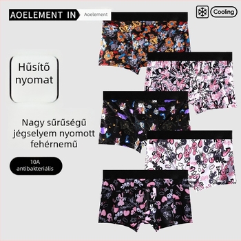 Férfi Ice Silk antibakteriális boxer brief, könnyű, lélegző, anime mintás, nyári alsónemű, középmagas derék
