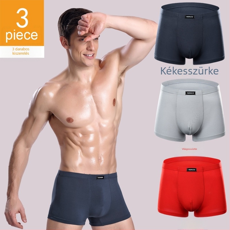 3 darabos férfi modal boxer alsónadrág, egyszínű, rugalmas, lélegző, vékony Ice Silk