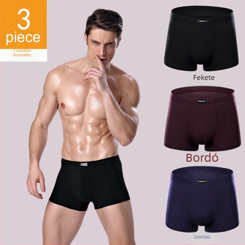3 darabos férfi modal boxer alsónadrág, egyszínű, rugalmas, lélegző, vékony Ice Silk