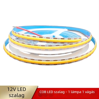 12V COB LED szalag, egy szegmensenként vágható, 8 mm szélesség, 400 LED-del, beltéri használatra, nem dimmelhető, fényes és egyenletes megvilágítás.
