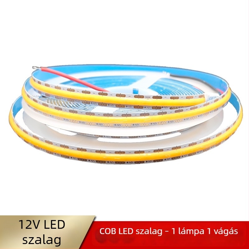12V COB LED szalag, egy szegmensenként vágható, 8 mm szélesség, 400 LED-del, beltéri használatra, nem dimmelhető, fényes és egyenletes megvilágítás.