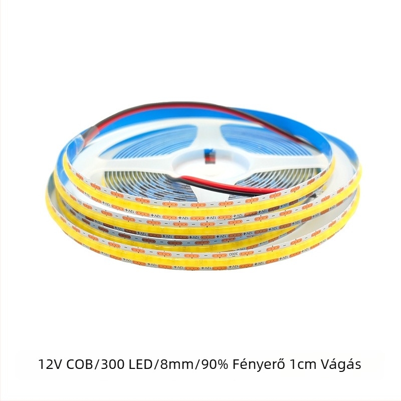 12V COB LED szalag, egy szegmensenként vágható, 8 mm szélesség, 400 LED-del, beltéri használatra, nem dimmelhető, fényes és egyenletes megvilágítás.