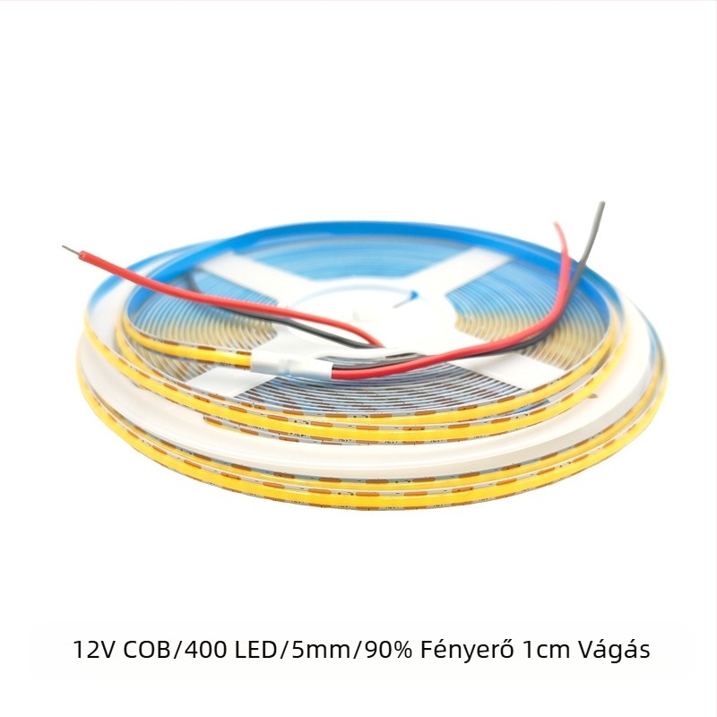 12V COB LED szalag, egy szegmensenként vágható, 8 mm szélesség, 400 LED-del, beltéri használatra, nem dimmelhető, fényes és egyenletes megvilágítás.