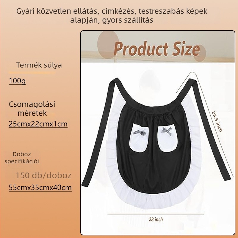 Szobalány-stílusú kötény csipkével, rövid derékrész, éttermek és kávézók számára, logó nyomtatása testreszabható