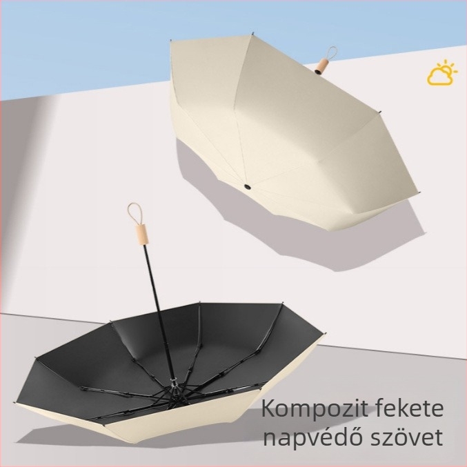 Női mini összecsukható fekete vinil ernyő, egyszínű, napsütés- és eső elleni kettős használatra, automata logóval