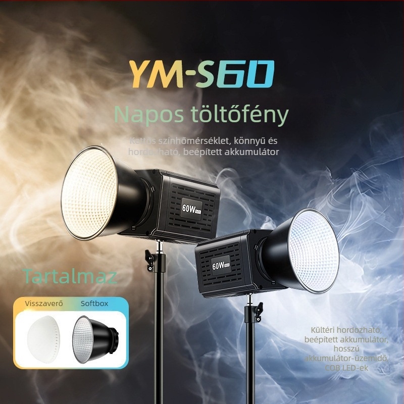 YM-S60 Kültéri kézi kiegészítő világítás COB LED-del, beépített akkumulátorral, kettős színhőmérsékletű videózáshoz