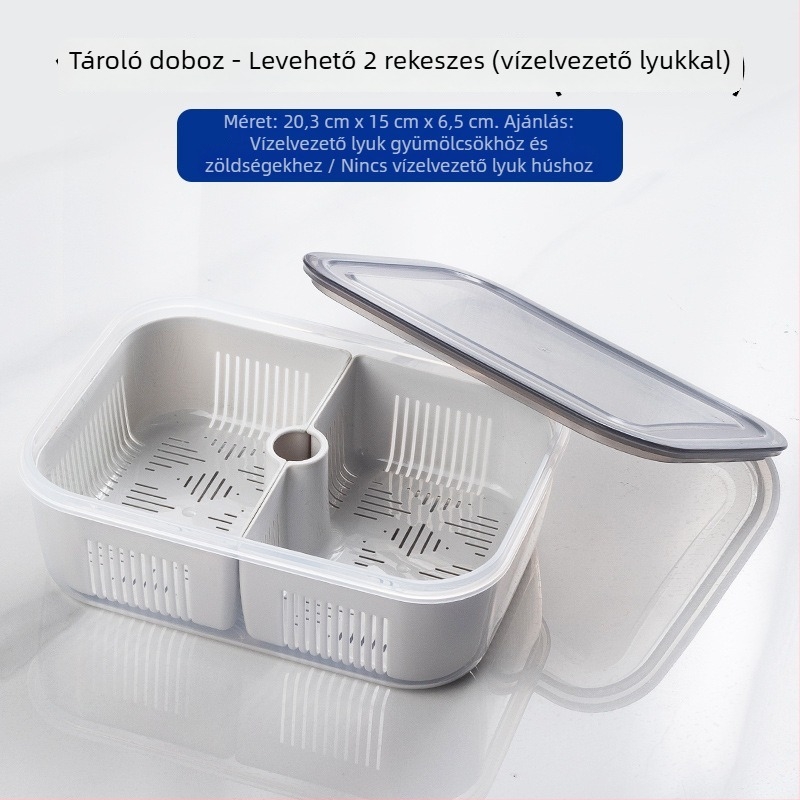 Szeparált hűtő tároló doboz zöldségeknek és fagyasztott húsoknak, élelmiszer-minőségű, kompatibilis a fagyasztóval és a mikrohullámú sütővel.