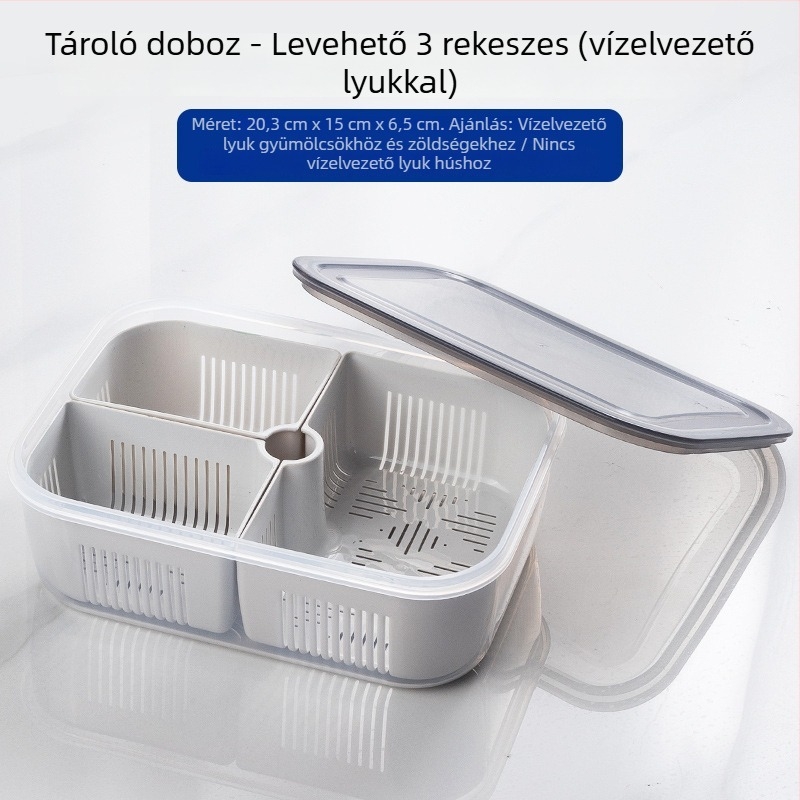 Szeparált hűtő tároló doboz zöldségeknek és fagyasztott húsoknak, élelmiszer-minőségű, kompatibilis a fagyasztóval és a mikrohullámú sütővel.