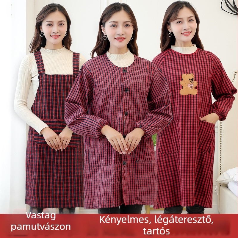 Női koreai stílusú hosszú ujjú konyhai kötény, 100% pamut, vast anyag, reversz, olajálló, kockás minta
