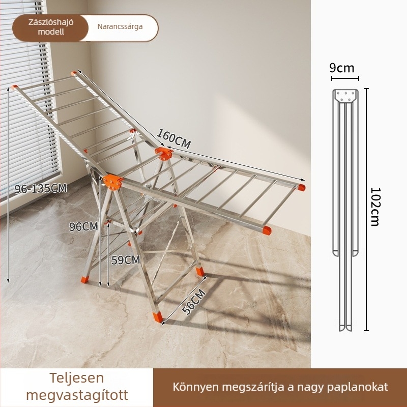Szárnyalakú álló ruhaszárító, összecsukható, szélesebb szélesség, nagy kapacitás ruhákhoz és paplanokhoz, beltéri és kültéri használatra