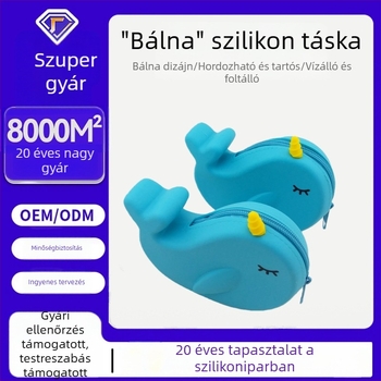 Szilikon aprópénztárca aranyos rajzolt bálnával, cipzáras rekesz adatkábelek és fülhallgatók számára