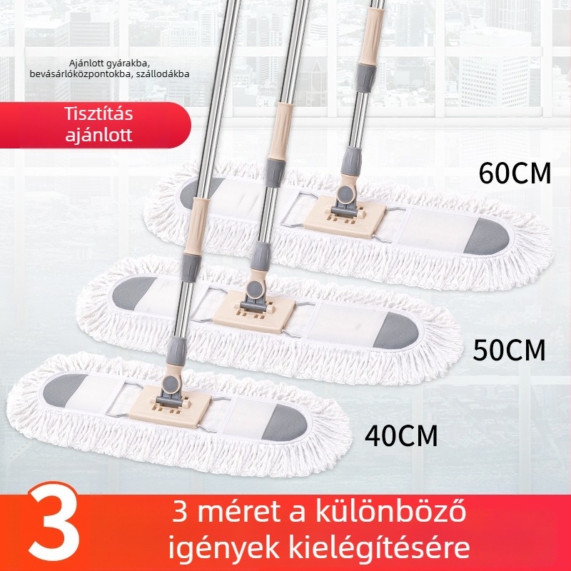 Nagy lapos felmosó pamutszál fejjel; forgó kialakítás; nedves és száraz kettős tisztítás; alkalmas csempe és fa padlókhoz.