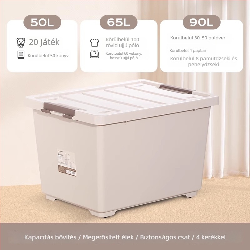 Camellia műanyag tároló doboz hálószobába, nagy, közepes és kis méretben, fedéllel és kerekekkel, egymásra rakható, tároló