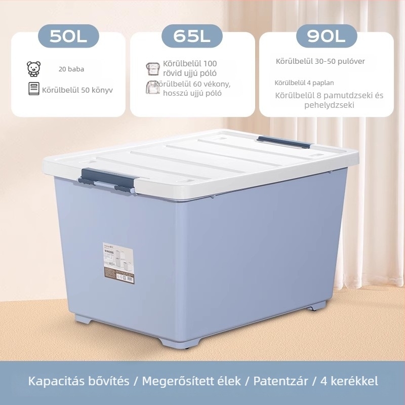 Camellia műanyag tároló doboz hálószobába, nagy, közepes és kis méretben, fedéllel és kerekekkel, egymásra rakható, tároló