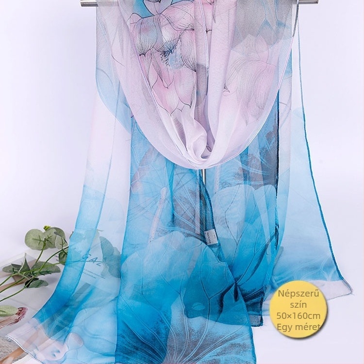 Lotus Georgette középméretű sál, mintás, 50×160 cm, nyári napvédelem, hőszigetelés, anyuka-stílus, táncbarát, mindennel illik