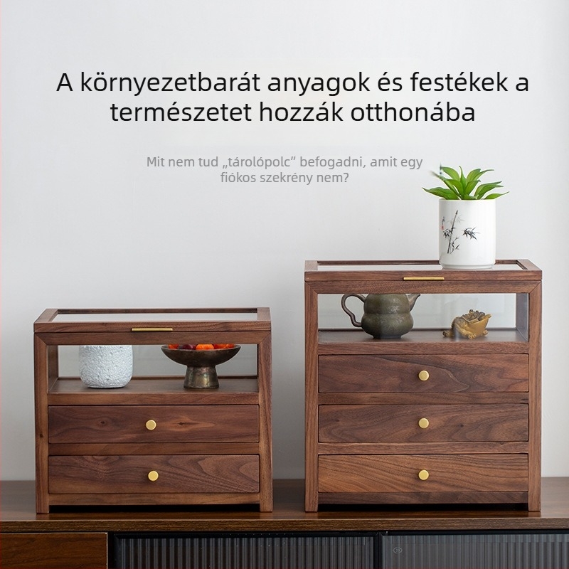Észak-Amerikai diófa teáskészlet kiállító szekrénye – tömörfa, új kínai stílus, üveg előlap