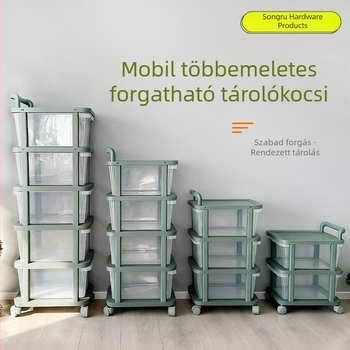 Háromszintes mobil tároló kocsi fiókokkal, műanyagból – otthoni tároláshoz játékokhoz és nassolnivalókhoz