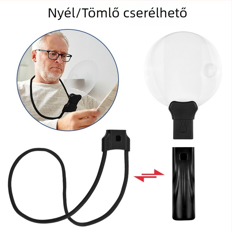 Multifunkcionális olvasó nagyító, Ø138 mm, 5x és 10x nagyítás — nyakhoz rögzíthető, fejre helyezhető, kézi és asztali használatra