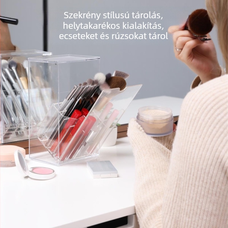 Átlátszó akril kozmetikai tároló doboz fedéllyel, osztókkal a ecsetekhez, szemöldök ceruzához és rúzsokhoz