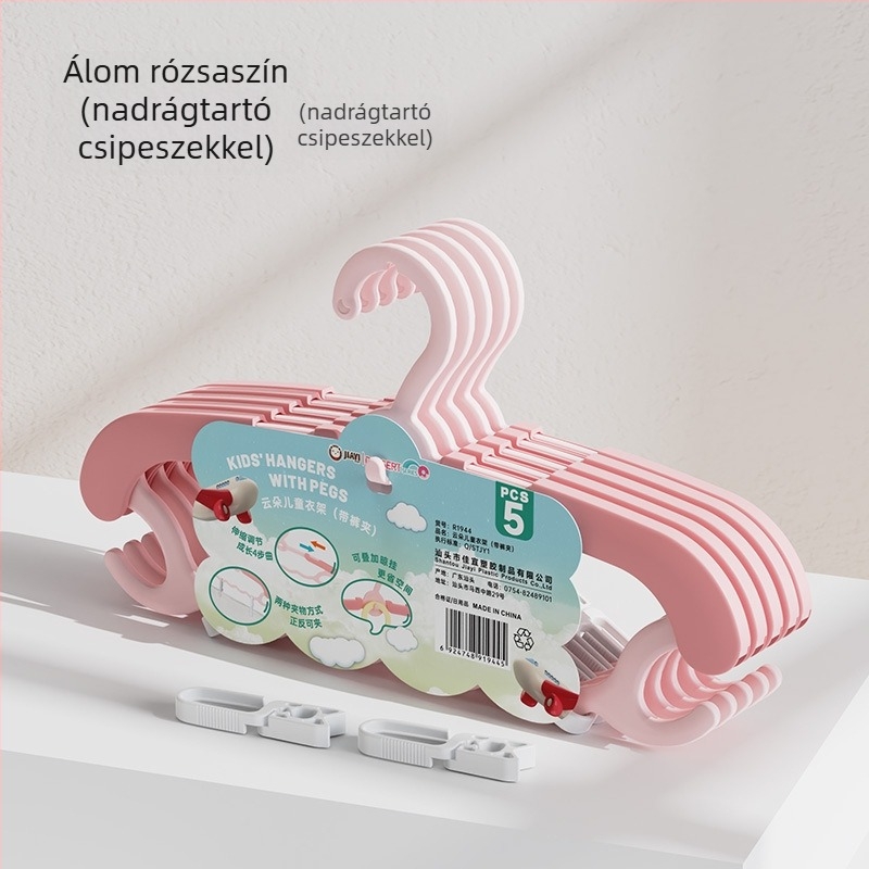 Gyerekeknek készült műanyag ruhás akasztó otthoni használatra, vállnyom nélkül, kihúzható nadrágklipszekkel, kis méretű