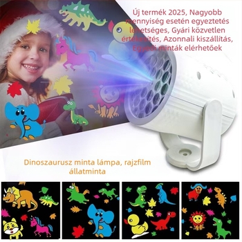 USB-s RGB asztali lámpa hengeres projektorral, 16 karácsonyi mintával – dinoszaurusz és rajzolt állatfigurák dekorációs fény