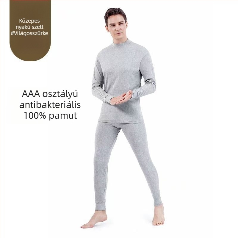 Férfi 100% pamut őszi termosz alsónemű készlet, vékony fazon, kerek nyakú alapréteg, antibakteriális