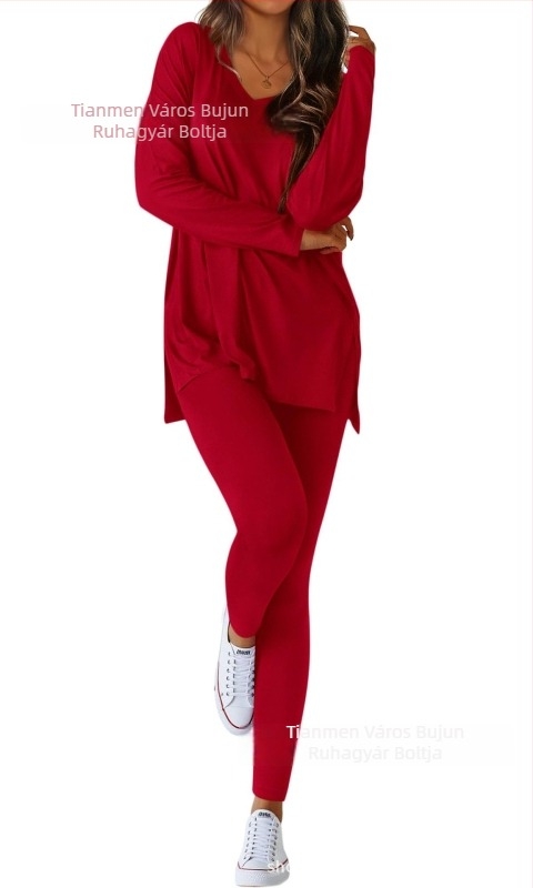 Női őszi-téli két darabos szett: V-nyakú hosszú ujjú felső oldalsó hasadékkal és leggings